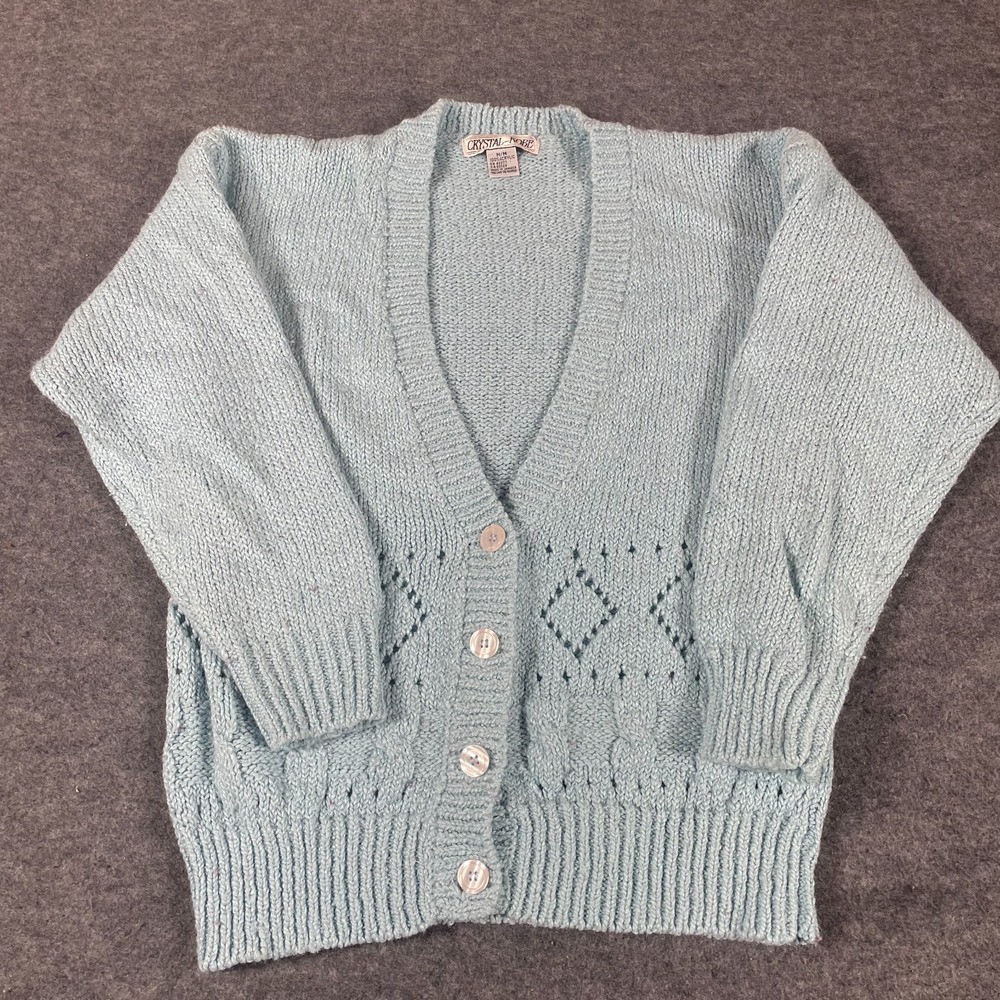 VTG Crystal Kobe Sweater Womens Medium Blue Cardigan Open Knit Retro Acrylic 90s